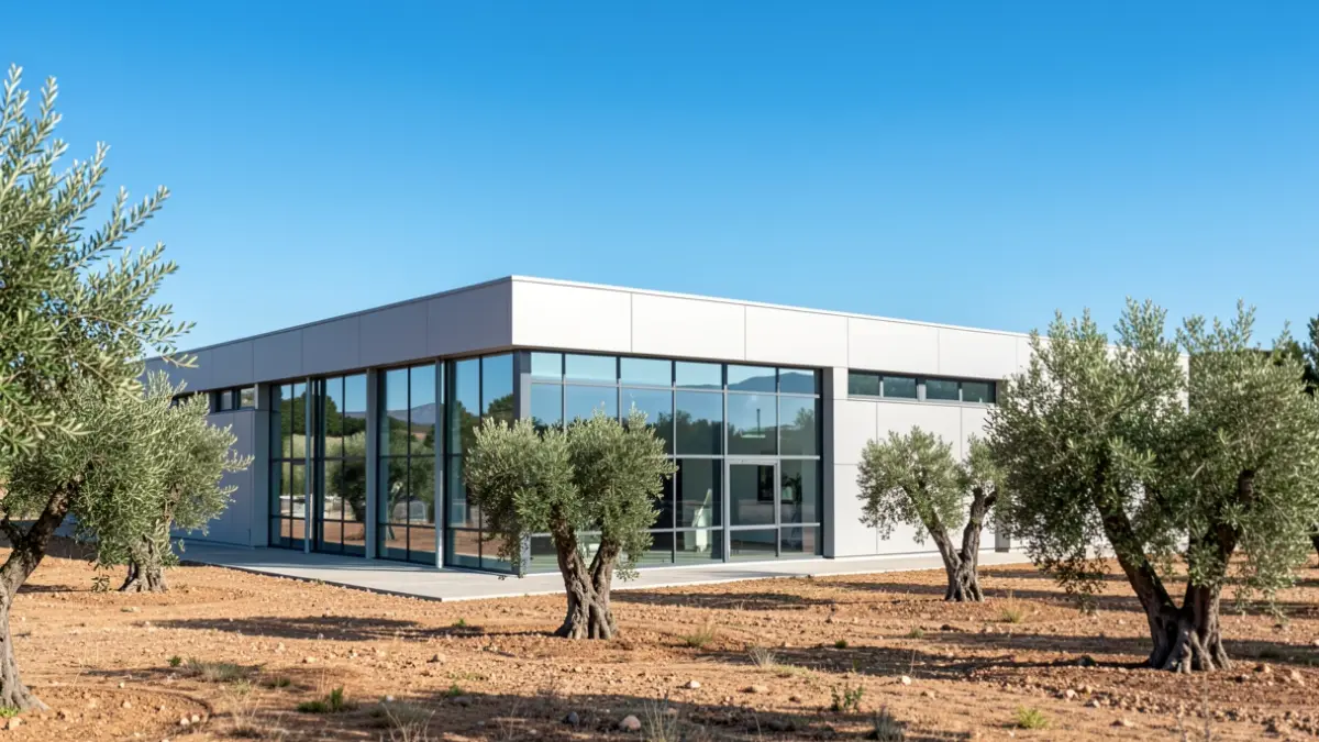 Imagen genérica de una ampliación de instalaciones industriales modernas en un entorno mediterráneo.