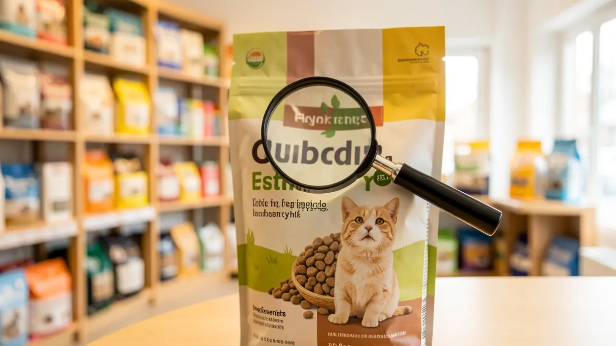 Imagen genérica de una bolsa de pienso para mascotas y una lupa examinando sus ingredientes.