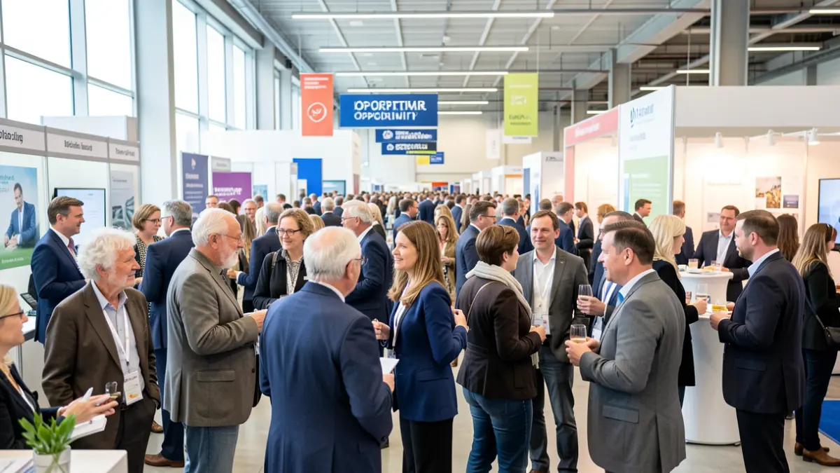 Imagen genérica de una feria de empleo con participantes de diversas edades interactuando.