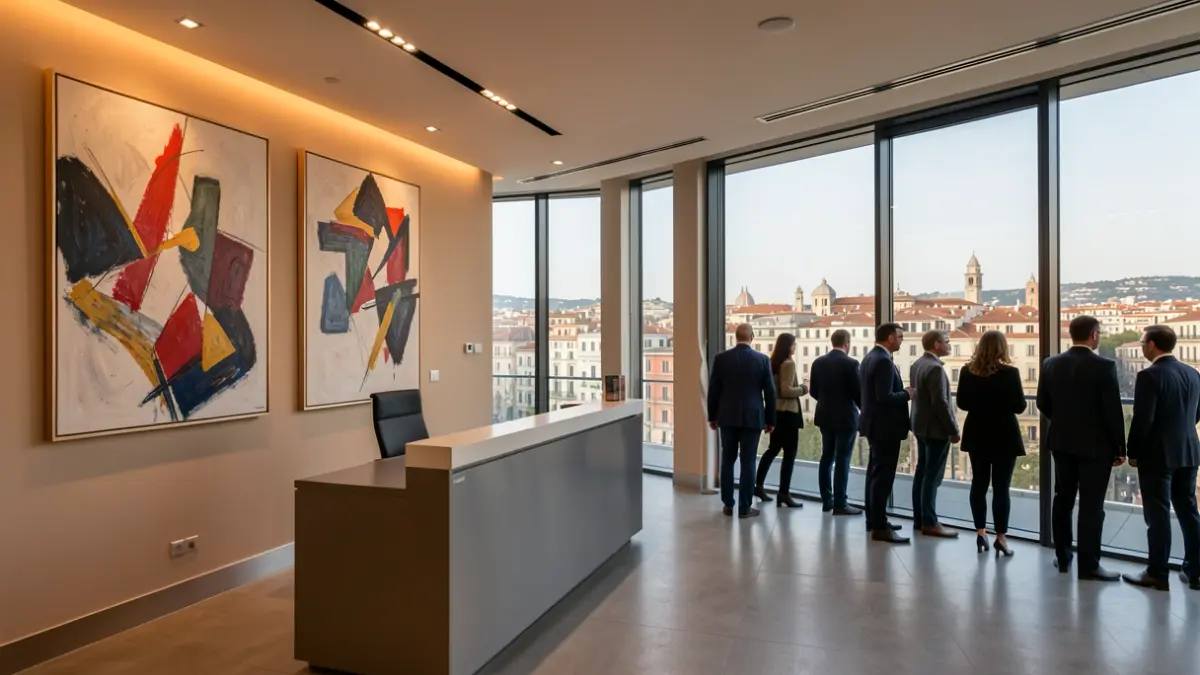Generic image of modern offices overlooking a Mediterranean city.