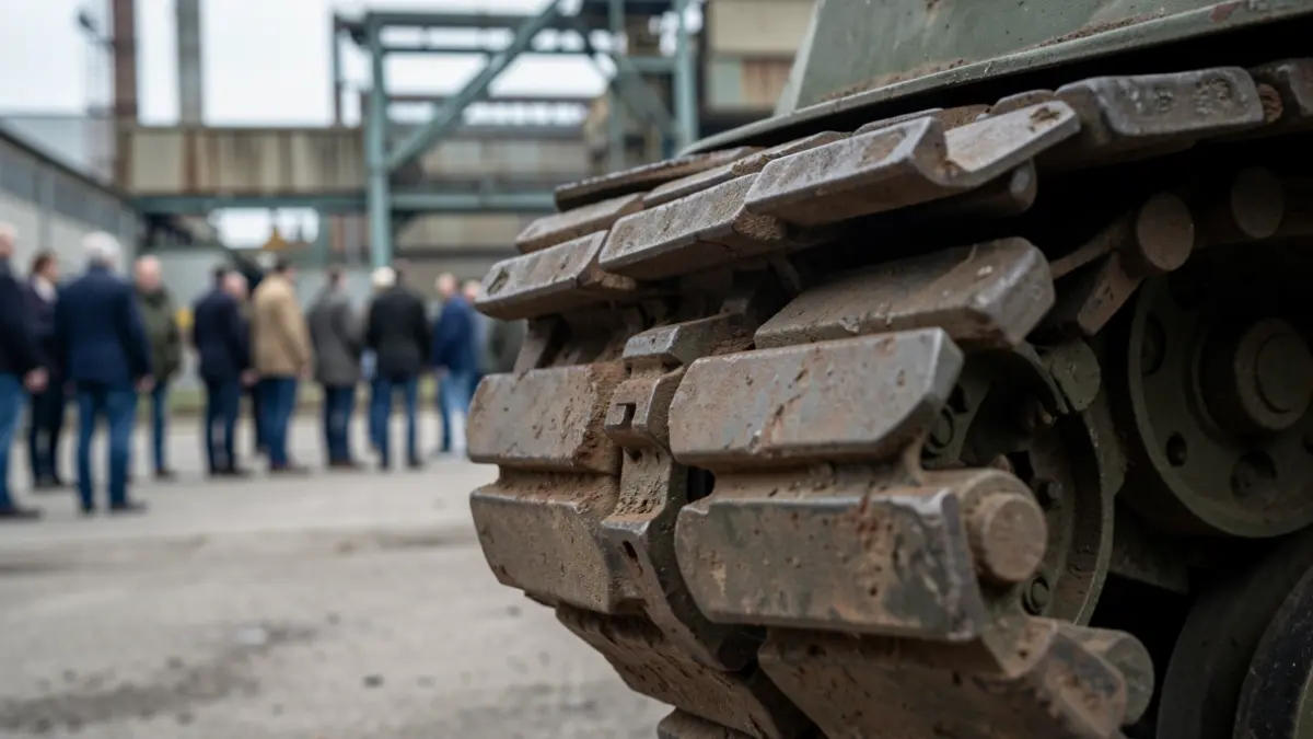 Close-up of a military tank track in an industrial setting.