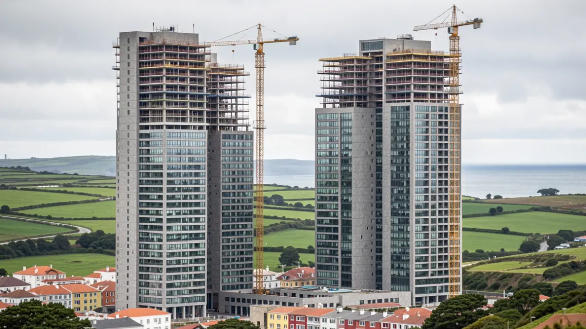 Imaxe xenérica de tres edificios altos en construción na Coruña.