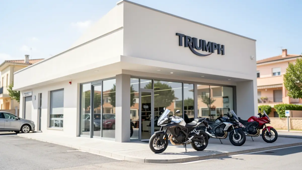 Generic image of the facade of a Triumph motorcycle dealership on the outskirts of Madrid.
