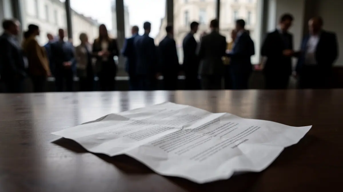 Close-up image of a paper document, in a blurred office environment.