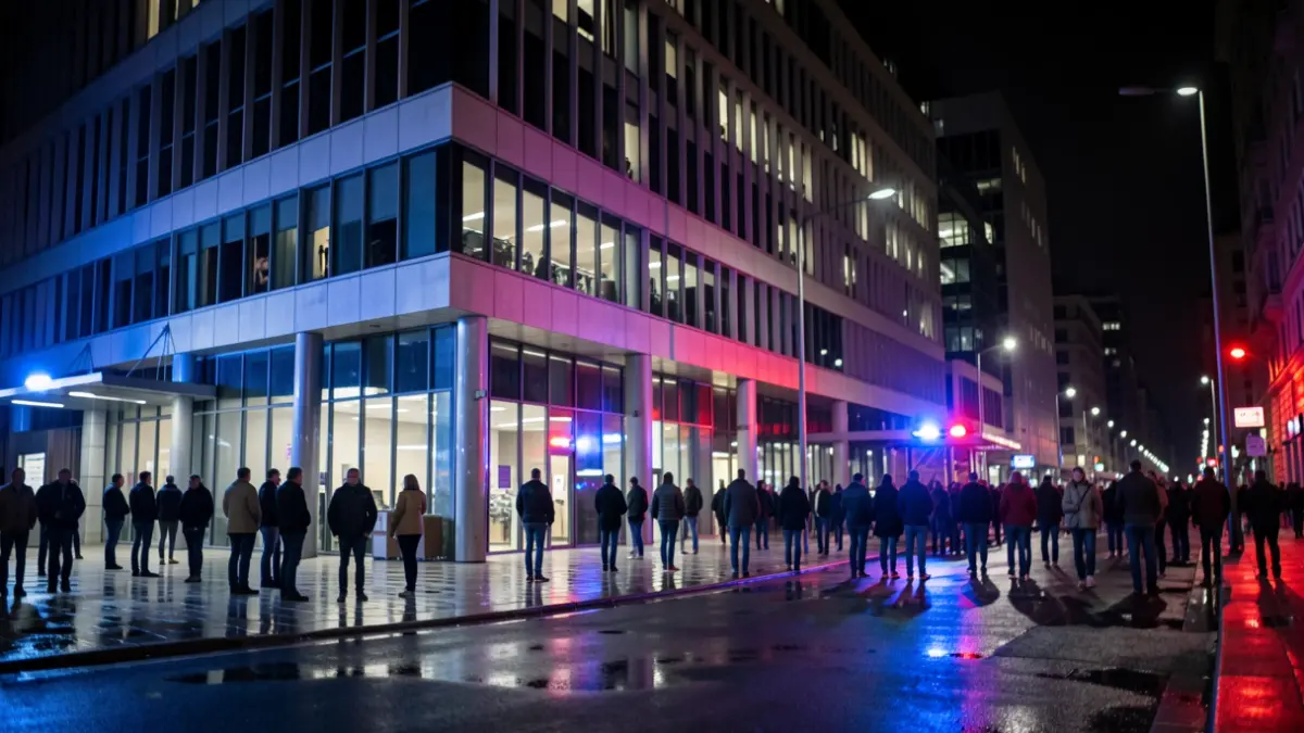 Imagen genérica: Exterior de un edificio de oficinas en Bilbao, con luces de emergencia rojas y azules reflejándose en el pavimento mojado por la noche.