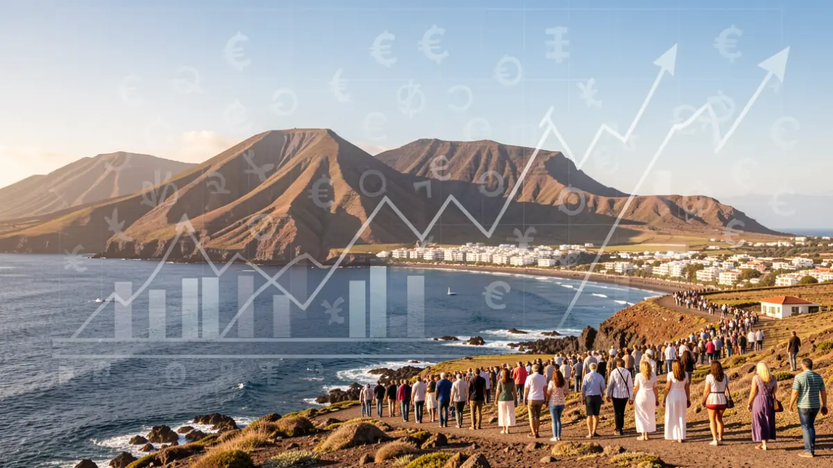 Imagen genérica de un paisaje de Canarias con elementos económicos abstractos.
