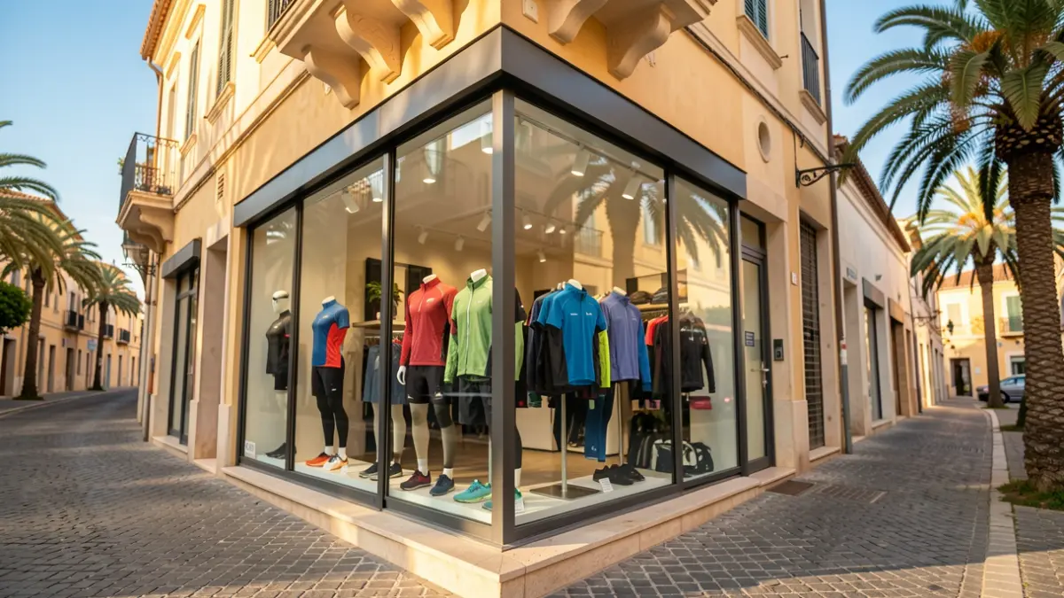 Generic image of a modern cycling apparel store on a Mediterranean street.