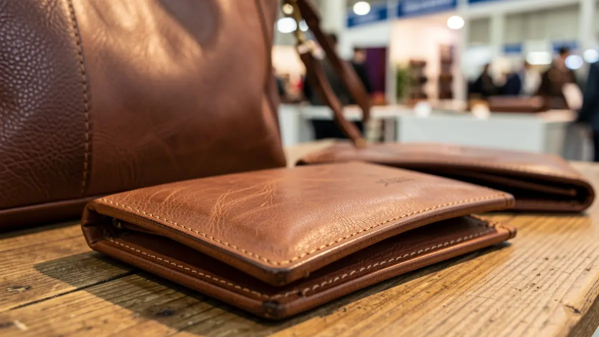 Primer plano de artículos de piel de alta calidad, como bolsos y carteras, con costuras intrincadas, expuestos sobre una superficie de madera rústica.
