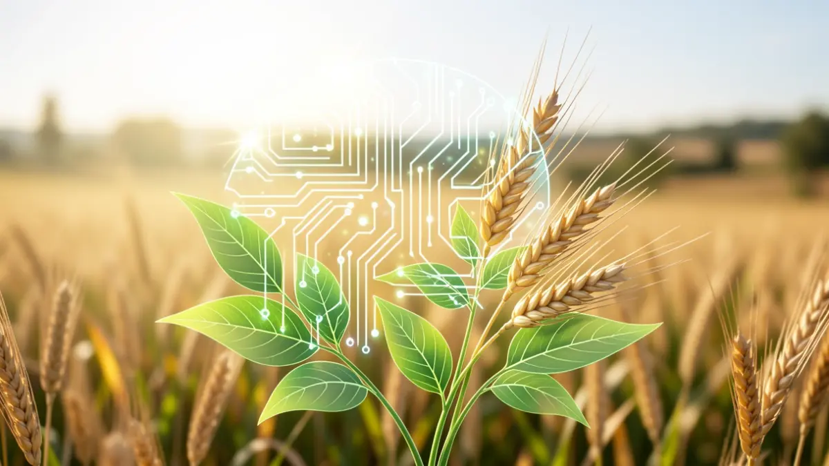 Abstract representation of artificial intelligence applied to agriculture with digital circuits and plant elements.