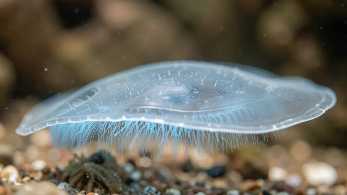 Marine organism Trichoplax adhaerens reacting to a mechanical stimulus.