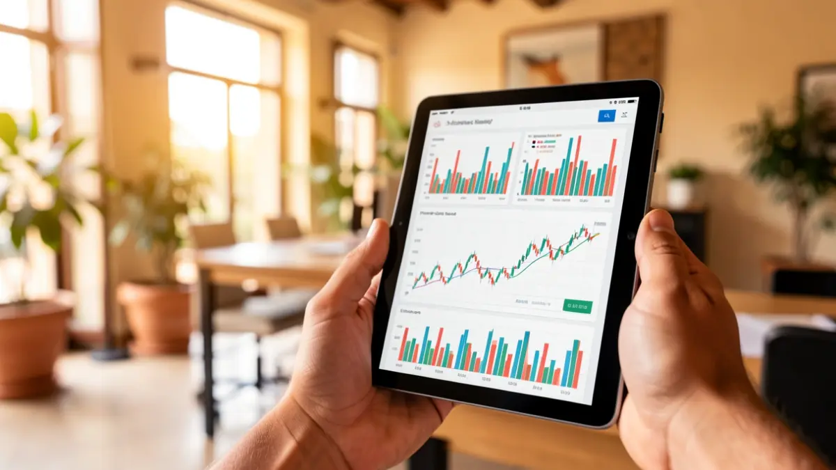 Generic image of a hand holding a tablet with financial charts in an Andalusian office.