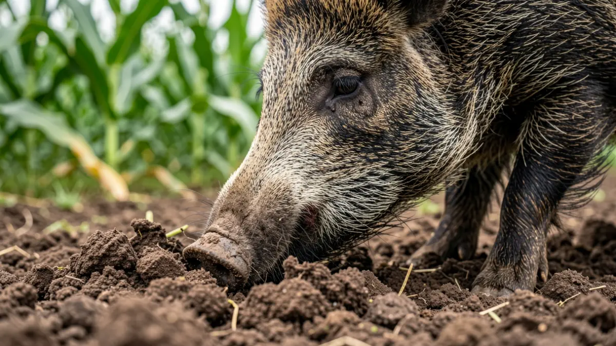 Primer plano de un jabalí excavando en un campo de maíz en Galicia.
