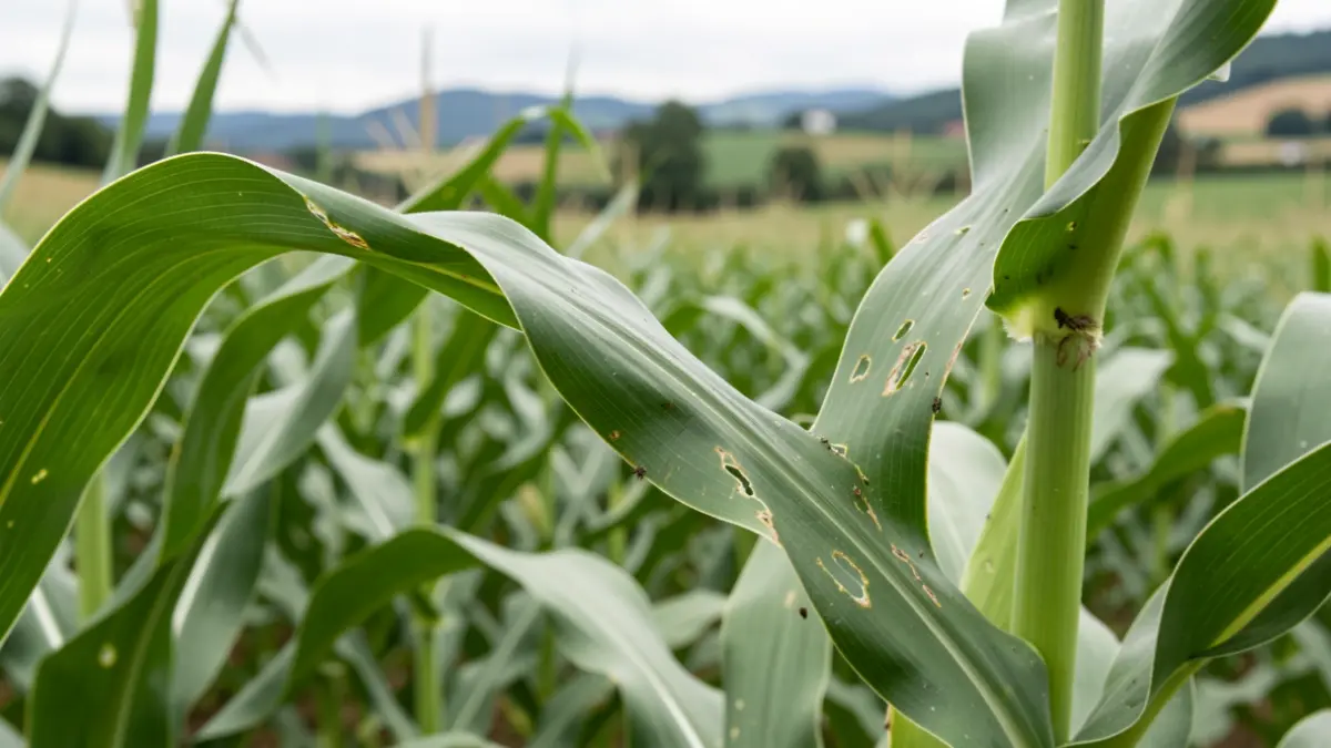Imaxe xenérica de follas de millo afectadas por pragas nun campo de cultivo.