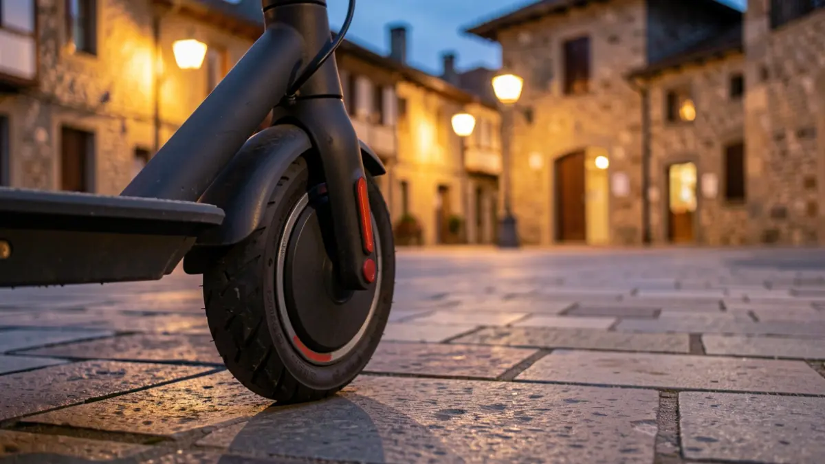 Generic image: Close-up of an electric scooter wheel parked on a stone-paved sidewalk at dusk, warm streetlights casting long shadows.