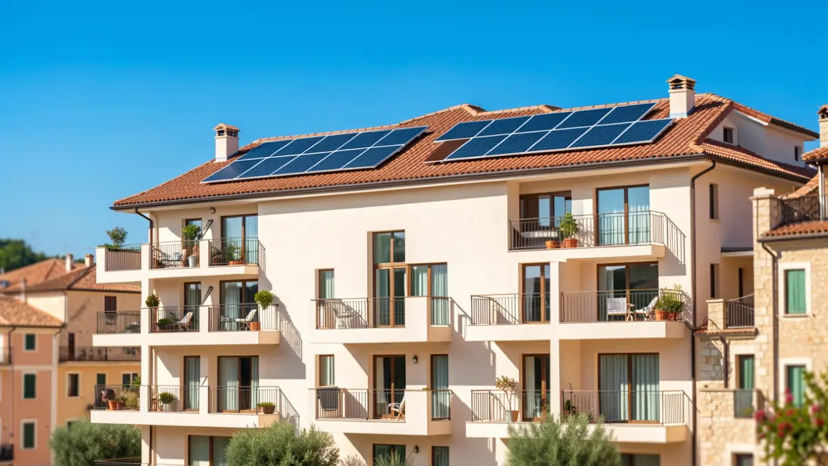 Imagen genérica de un edificio residencial moderno con balcones y paneles solares.