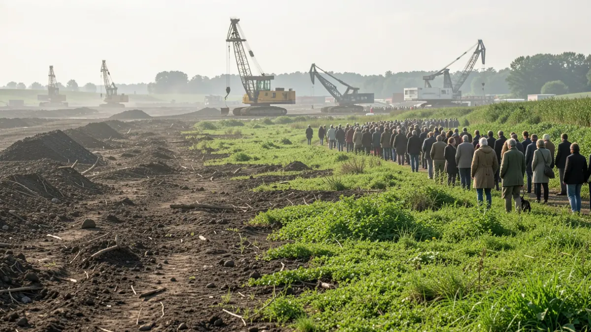 Imagen genérica de restauración minera con transición de tierra estéril a vegetación verde.
