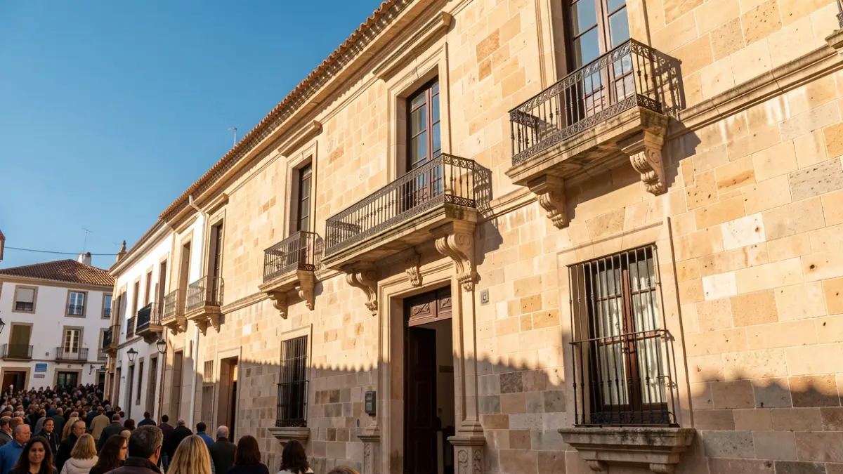 Fachada de un ayuntamiento canario con balcón y barandillas de hierro, luz cálida de tarde.