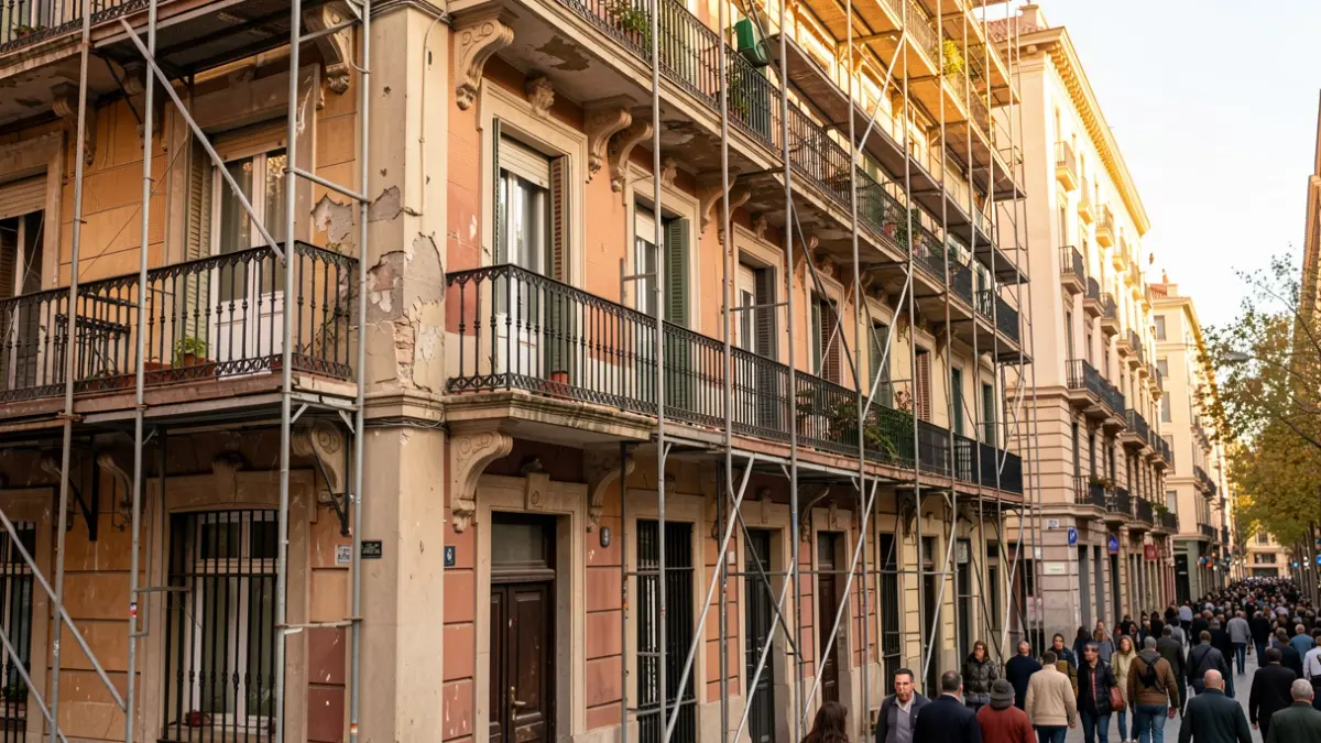Generic image of a residential building in Barcelona's Eixample district showing signs of deterioration.