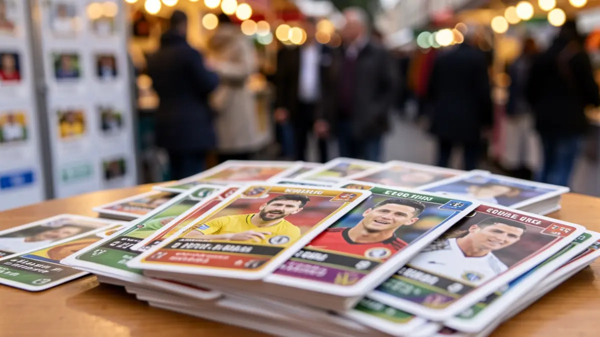 Primer plano de una pila de cromos de fútbol coleccionables, algunos con jugadores famosos como Messi y Ronaldo, con un fondo borroso de una interfaz de mercado o plataforma de venta online.