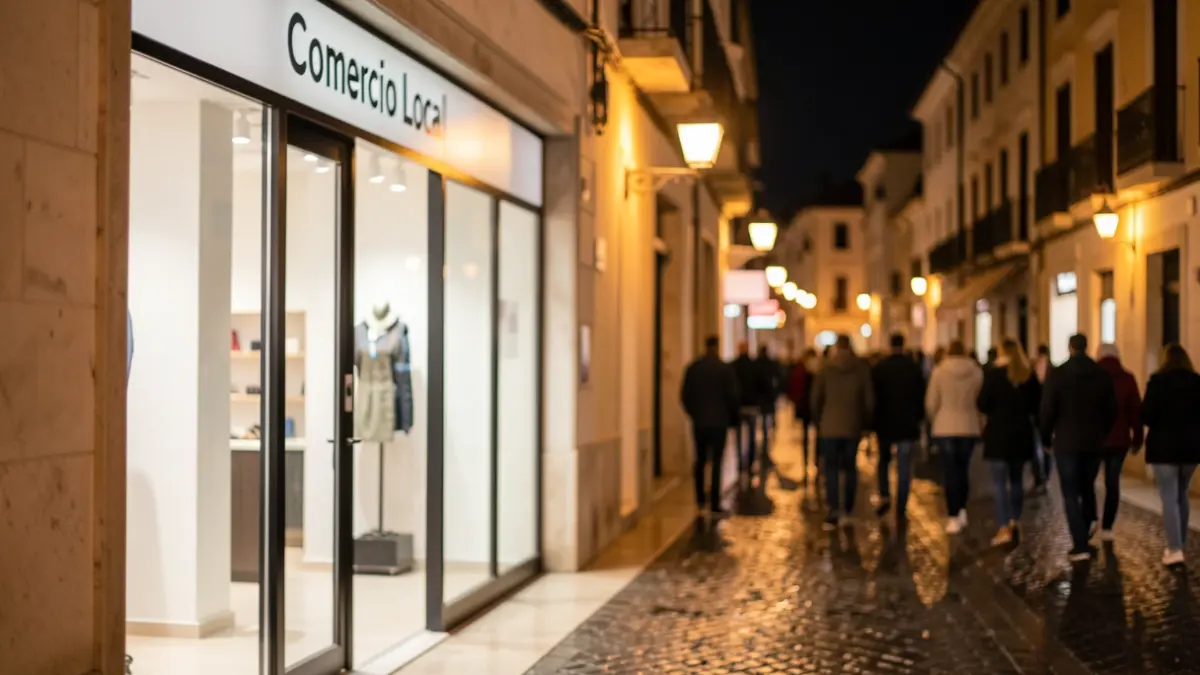 Imagen genérica de un comercio local iluminado de noche.