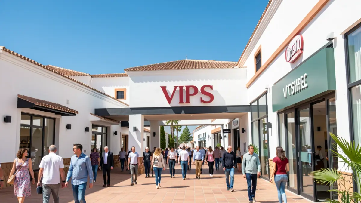 Fachada de un centro comercial en Málaga con el restaurante VIPS.