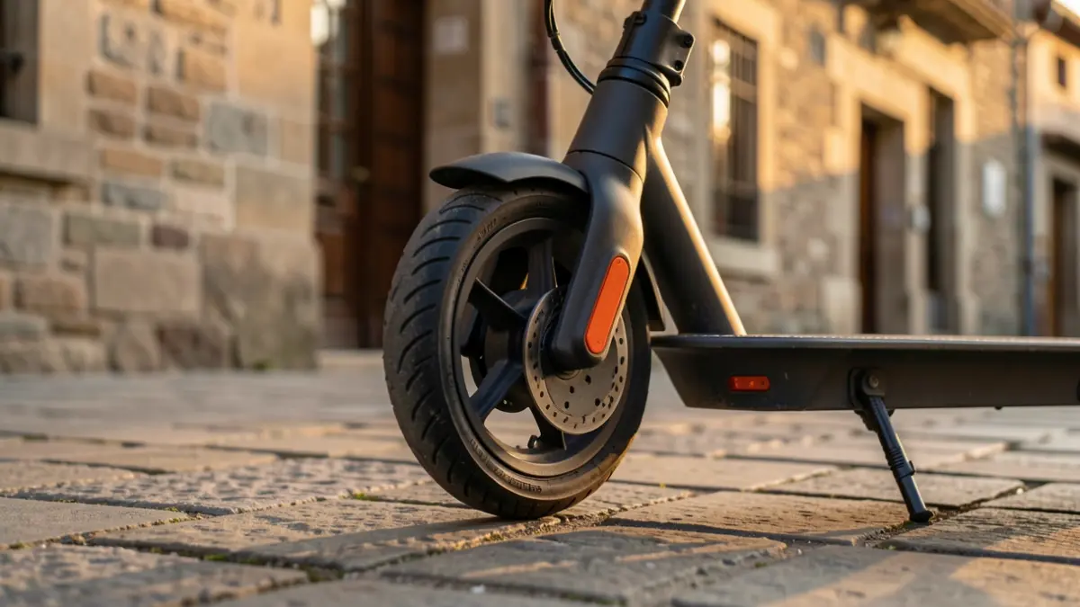 Imagen genérica: Primer plano de la rueda de un patinete eléctrico aparcado en una acera de piedra en un pueblo del País Vasco, luz cálida de tarde.