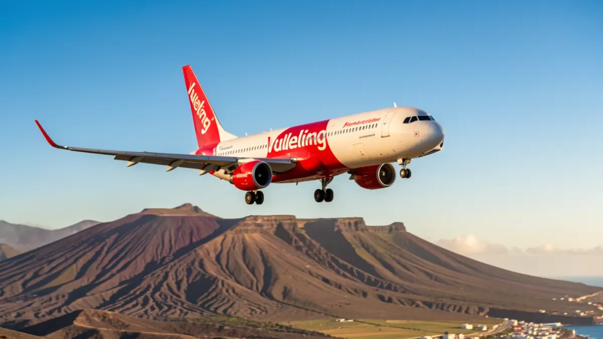 Vueling airplane taking off over a volcanic landscape in the Canary Islands.