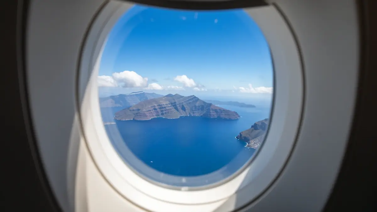 View of the Canary Islands from an airplane window.
