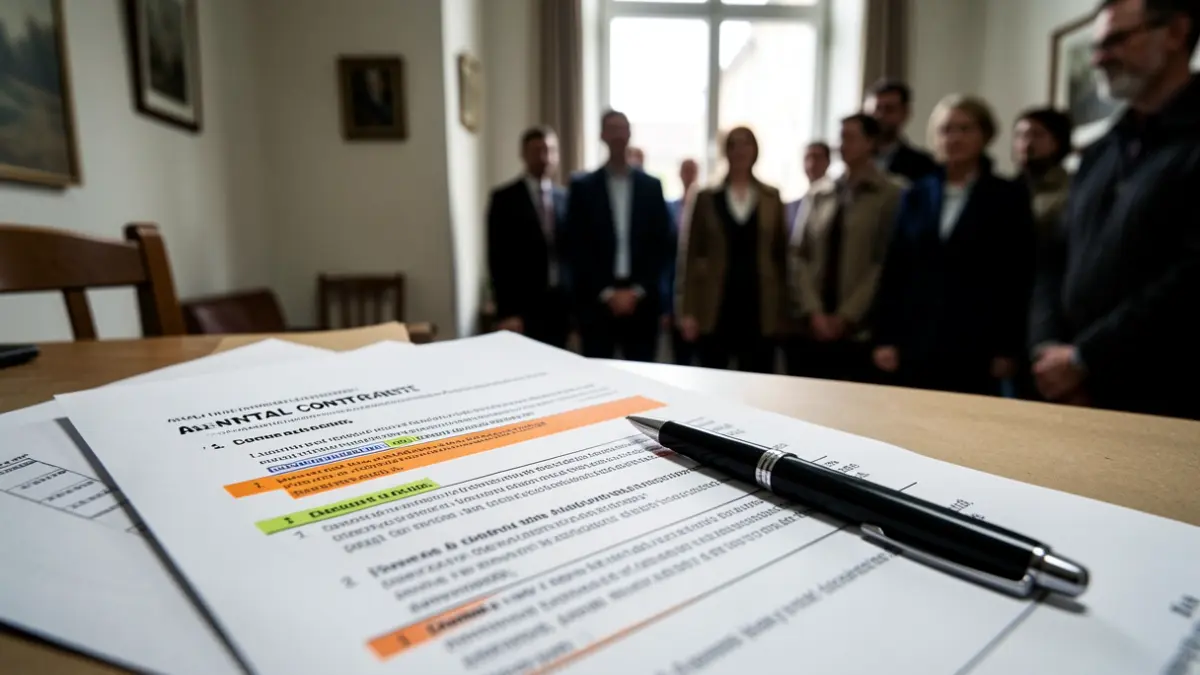 Imagen de primer plano de un contrato de alquiler con varias cláusulas resaltadas, y una habitación al fondo.