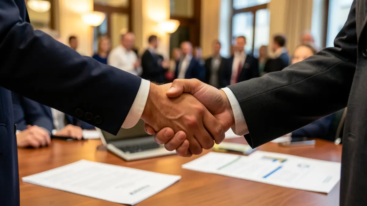 Generic image of two people shaking hands in a professional setting.