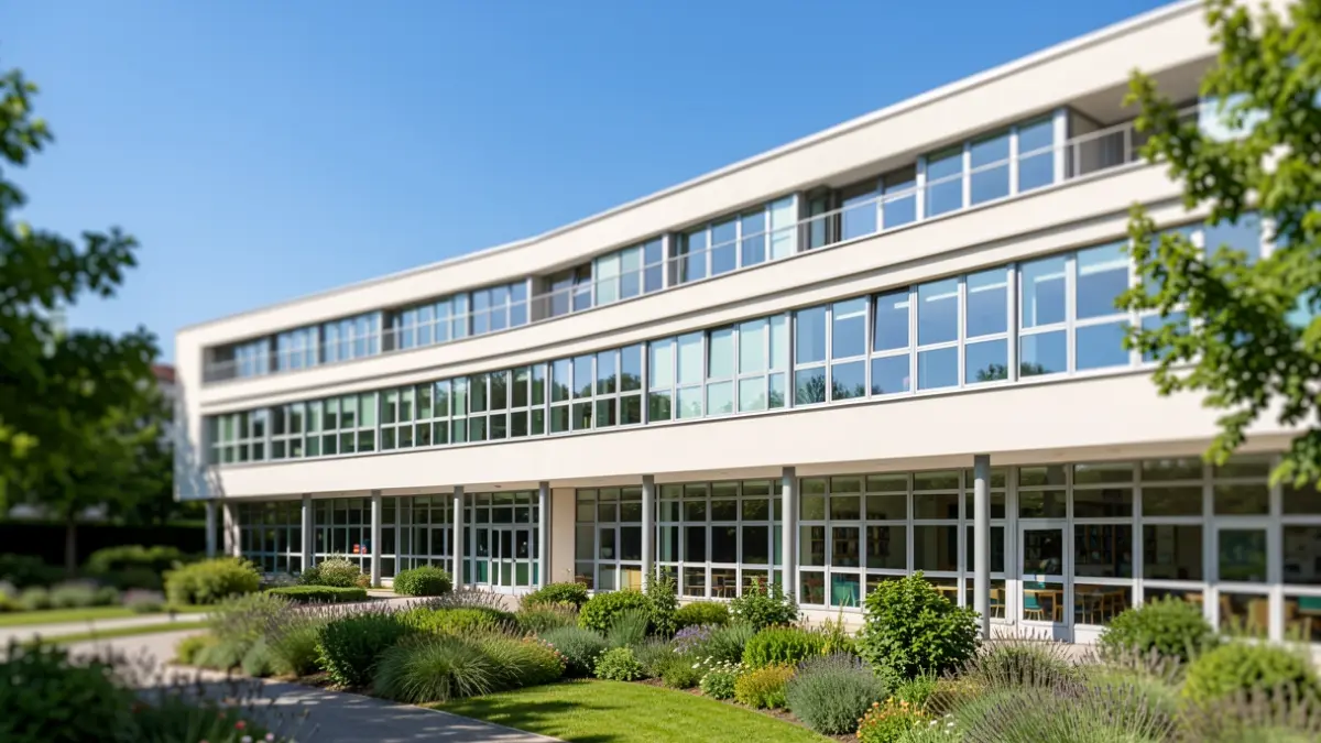 Imaxe xenérica dun edificio educativo moderno con ventás grandes e paisaxe verde.