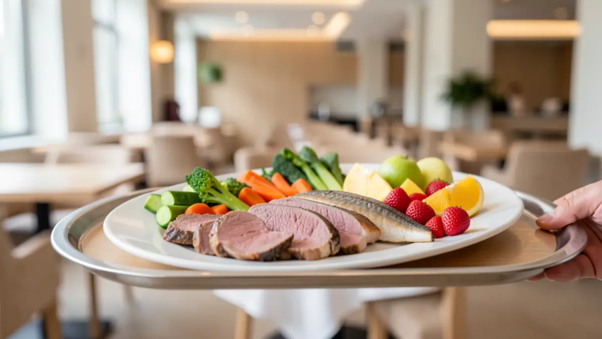 Imaxe xenérica de comida saudable para maiores, con peixe, carne, verduras e froita.