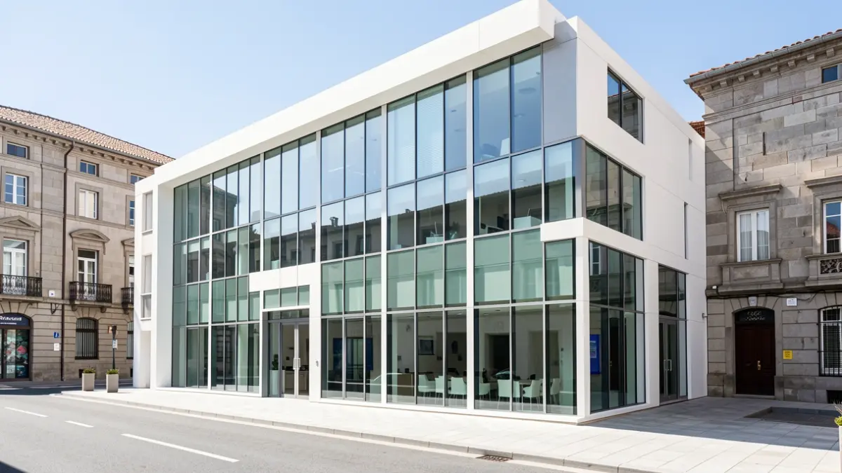 Imaxe dun moderno centro de negocios e emprendemento cunha fachada de cristal e arquitectura de granito galega ao fondo.