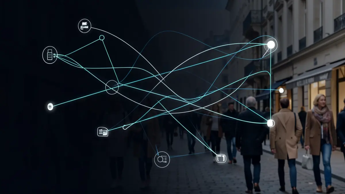 Imagen genérica de flujo de pagos digitales con líneas luminosas.