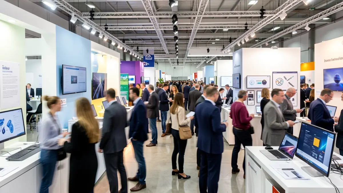 Imagen genérica de un espacio de exposición con stands innovadores y gente interactuando.