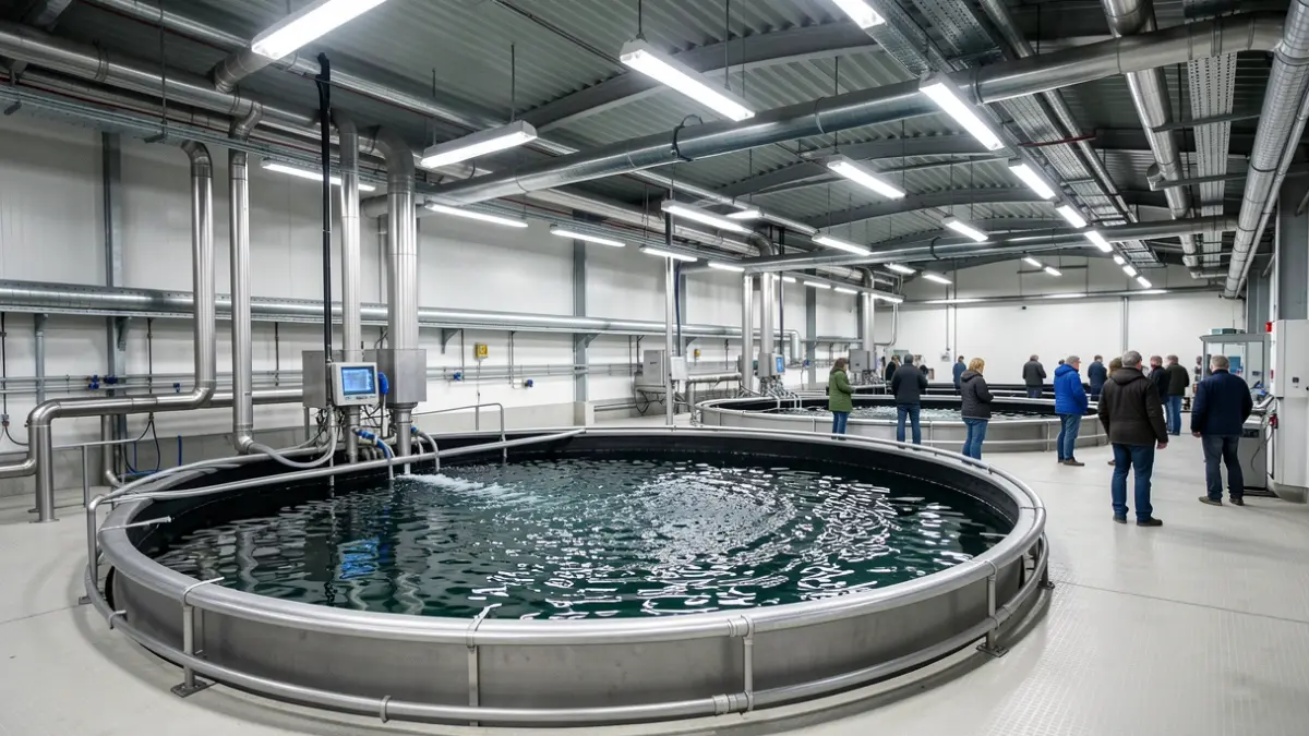 Instalaciones tecnológicas de una planta de acuicultura industrial.