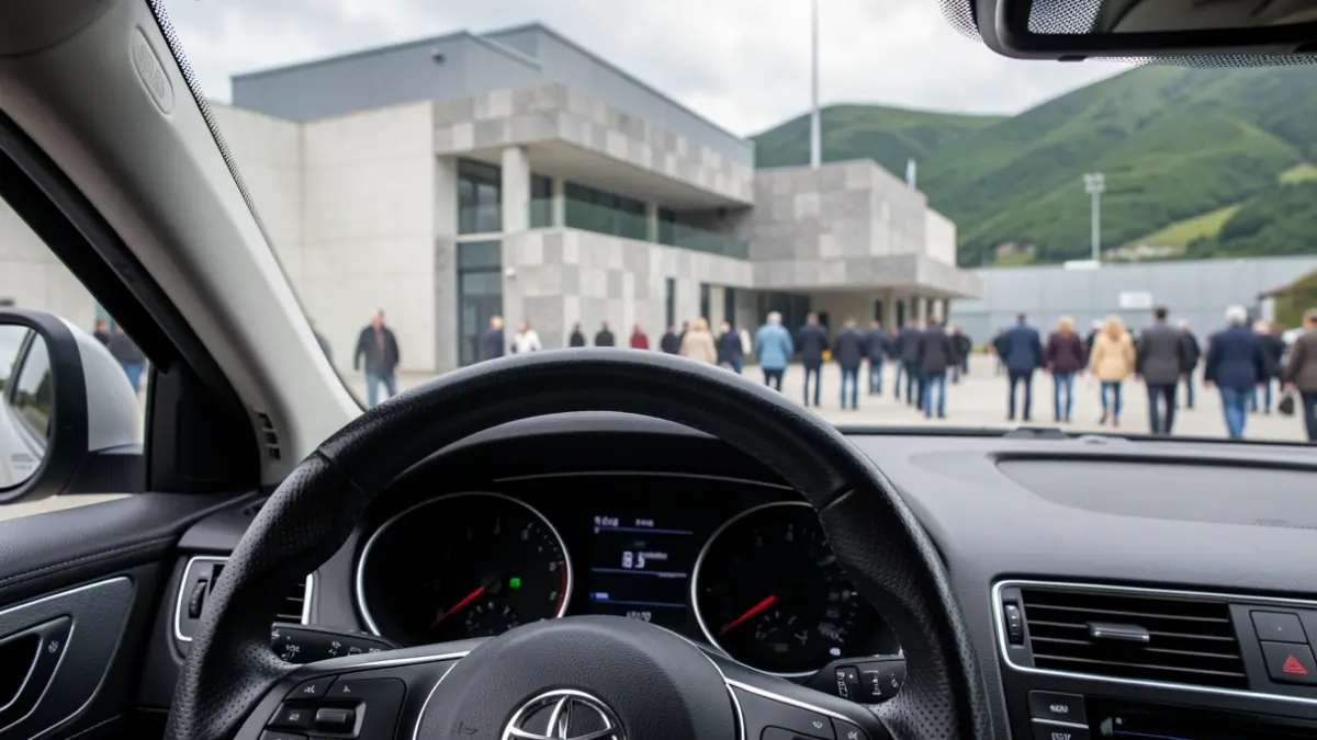 Primer plano de un volante y salpicadero de un coche, con un fondo borroso de una moderna instalación industrial en Galicia.
