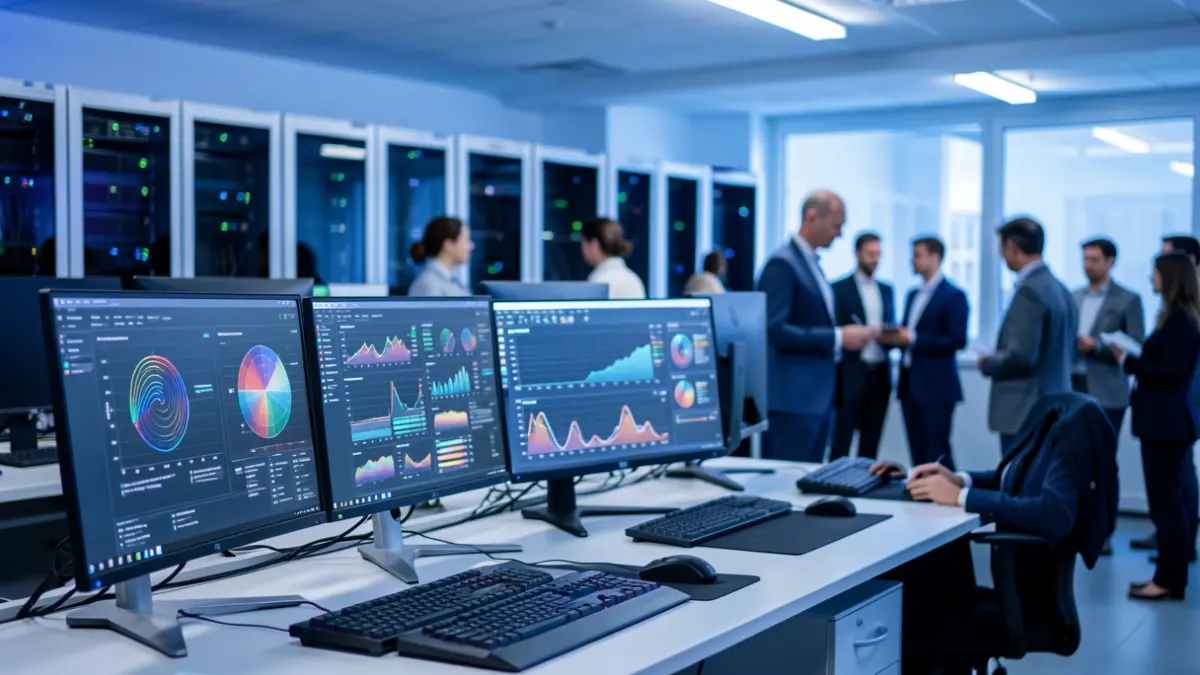 Imagen genérica de un laboratorio de investigación tecnológica con pantallas de datos.
