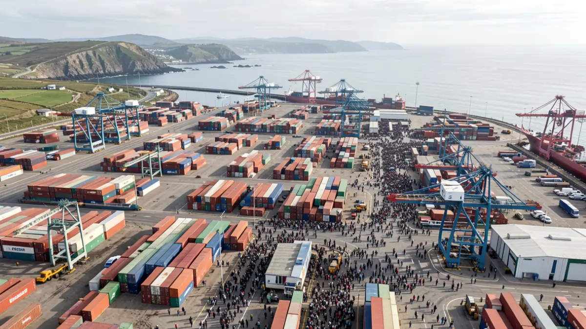 Vista aérea de una zona portuaria industrial con contenedores y grúas.
