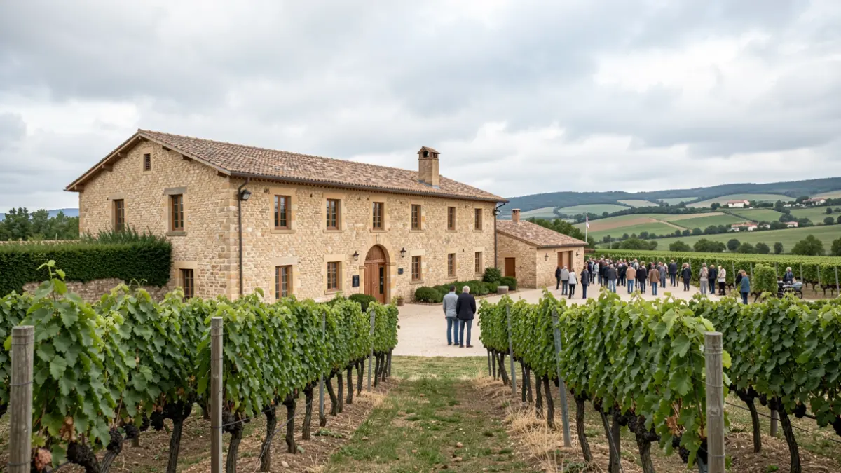 Imaxe dunha adega tradicional na comarca de Monterrei rodeada de viñedos.