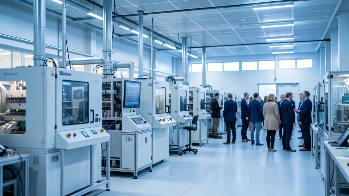 Imagen de una planta industrial de alta tecnología con maquinaria de semiconductores.