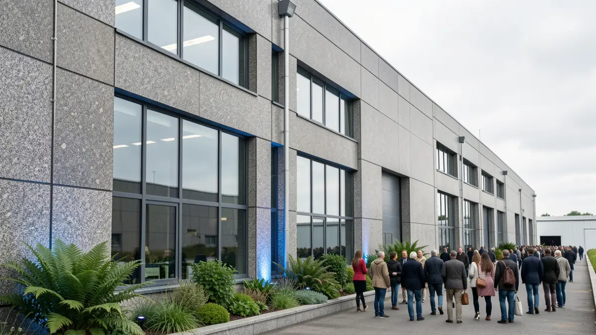 Imagen genérica de un edificio industrial de granito con plantas y detalles de luz azul.