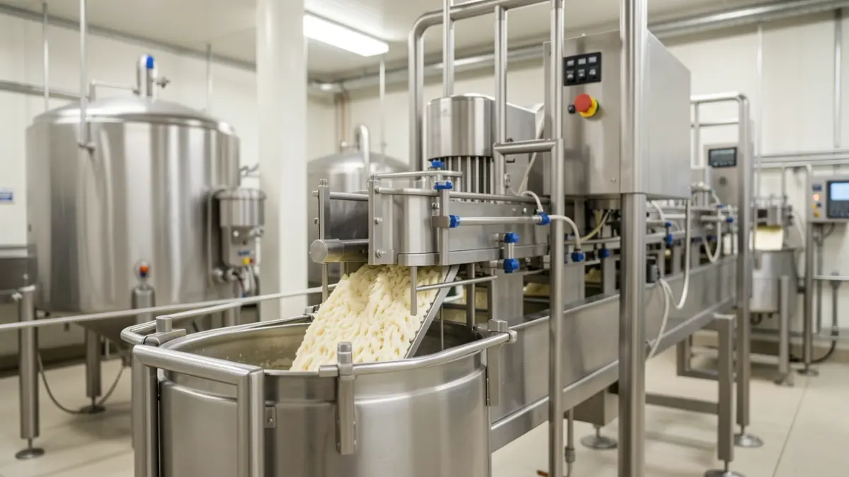 Imaxe xenérica de maquinaria nunha planta de procesamento de alimentos.