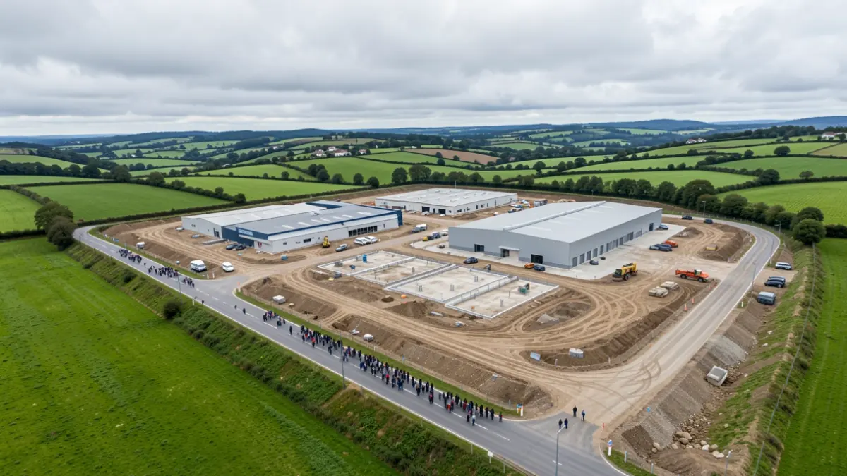 Vista aérea dun novo parque empresarial en construción nunha paisaxe galega verde.