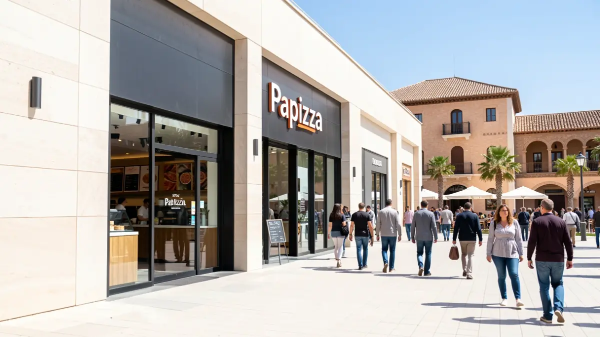 Facade of a new pizza shop named 'Papizza' in a shopping center.