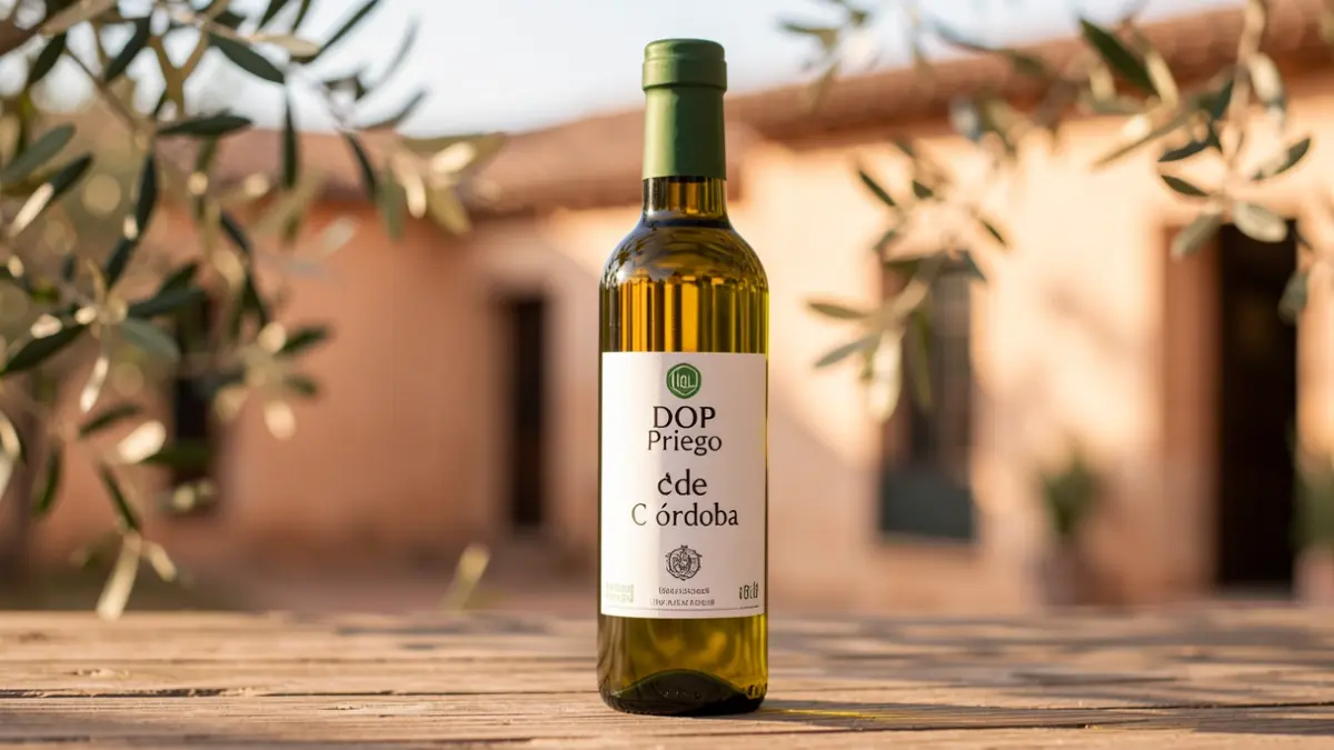 Bottle of extra virgin olive oil with the DOP Priego de Córdoba label.