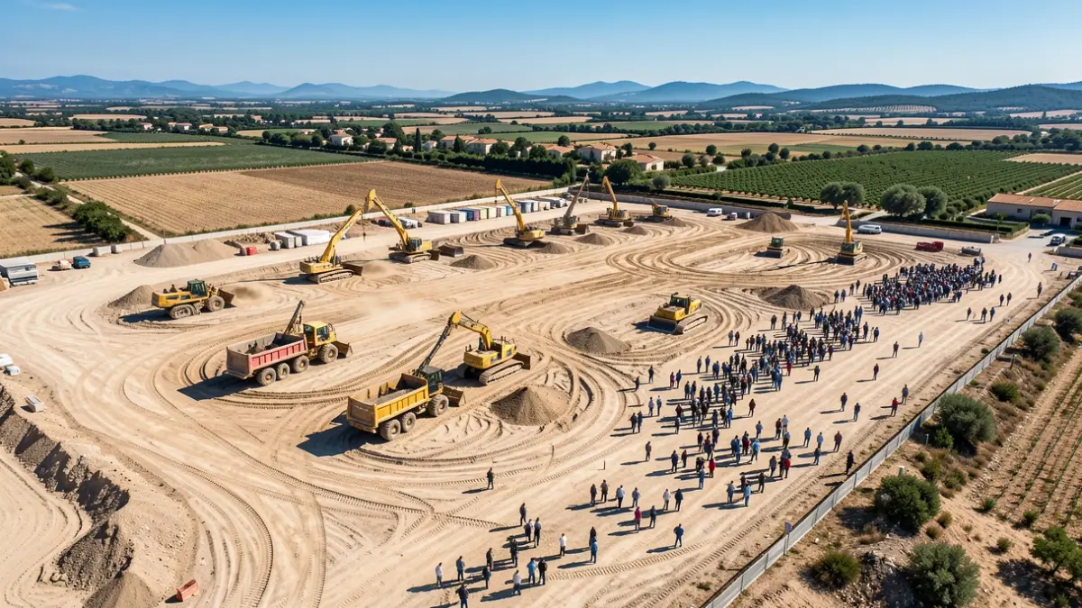 Vista aérea de una zona de obras industriales en un entorno mediterráneo bajo luz solar intensa.