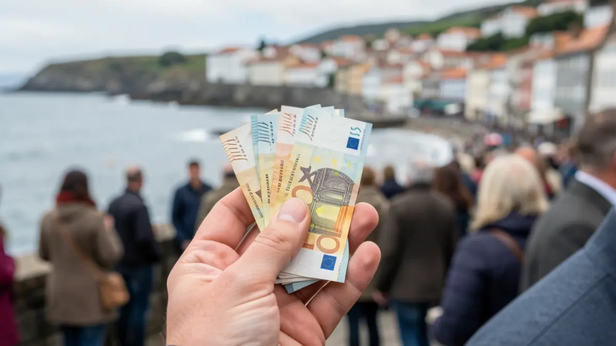 Primeira plana dunha man sostendo euros cunha vila mariñá ao fondo.