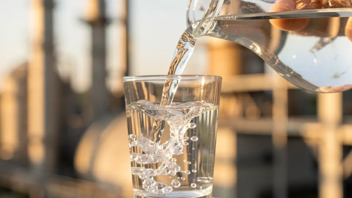 Imagen de un vaso de agua fresca siendo servido en un entorno profesional.