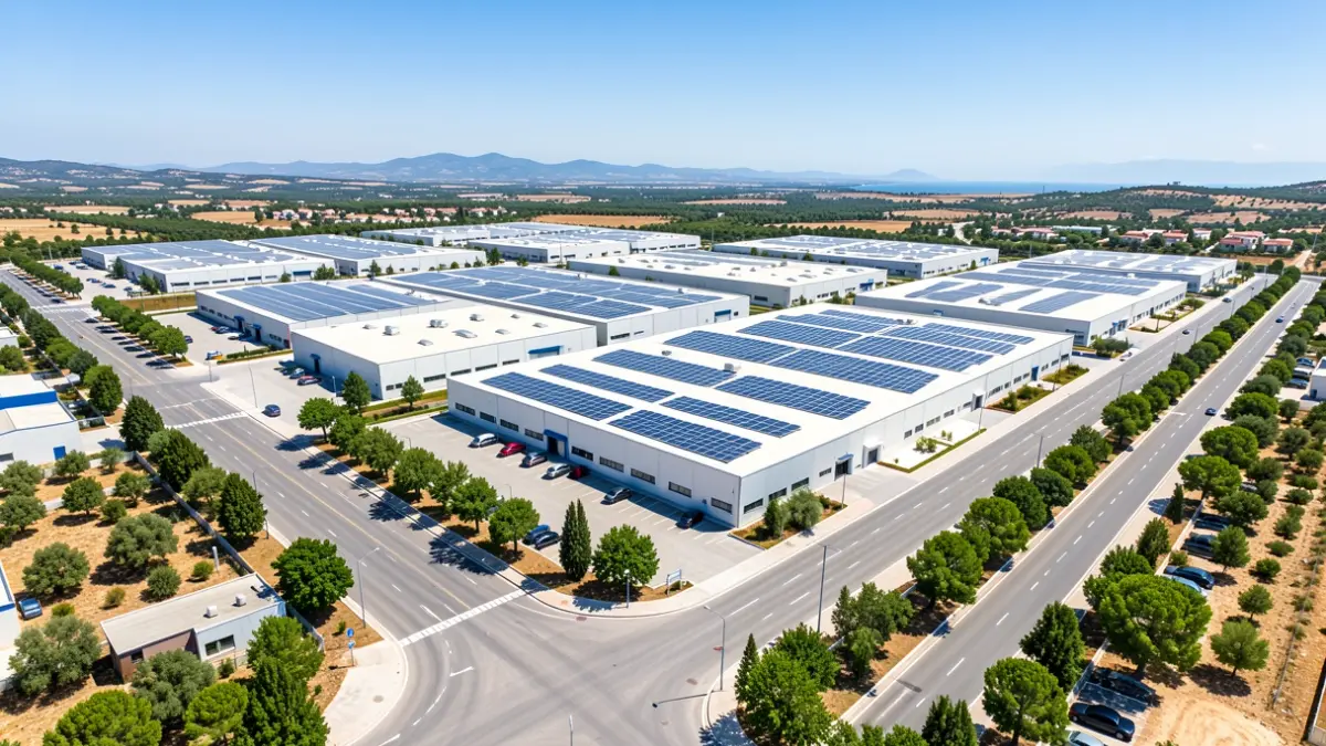 Imagen genérica de un parque empresarial moderno con naves industriales y zonas ajardinadas.